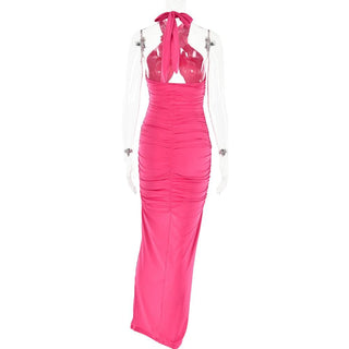 Ruched halter flower applique hollow out cross front contrast cut out maxi dress