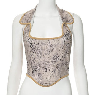Turnover collar halter snakeskin print top