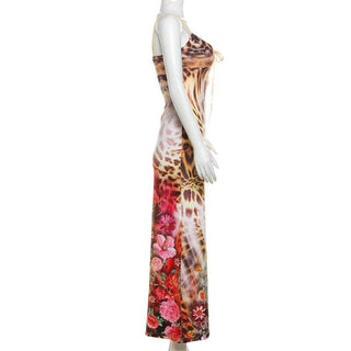 Leopard print cross front lace up cami maxi dress