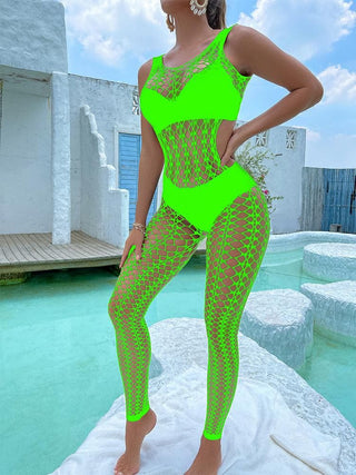 U neck sleeveless hollow out fishnet bodystocking
