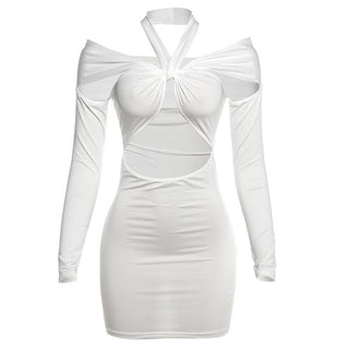 Long sleeve halter hollow out solid cut out mini dress