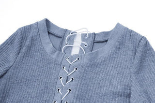 Long sleeve hollow out lace up textured round neck cut out top