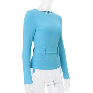Crewneck long sleeve belt knotted knitted top