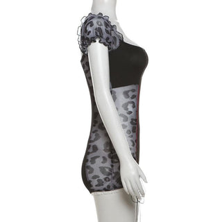 Short puff sleeve leopard print lace hem romper