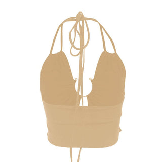 Halter ruched solid self tie crop top