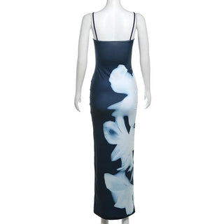 U neck print backless contrast cami maxi dress