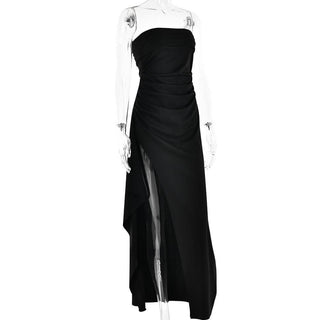 Ruched high slit irregular ruffle tube maxi dress-final-sale