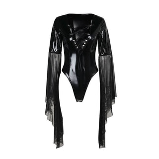 Long flared sleeve PU leather cross front bodysuit
