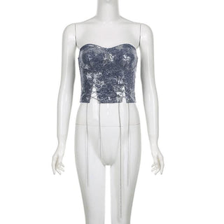 Glitter denim star pattern metal chain tube top