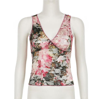 Lace v neck flower pattern stitch tank top