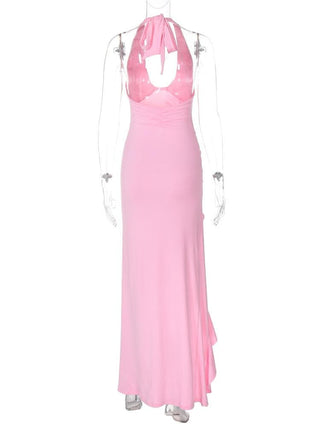 Halter flower applique ruffle ruched slit knotted maxi dress