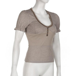 Short puff sleeve button stitch ruffle ribbed top