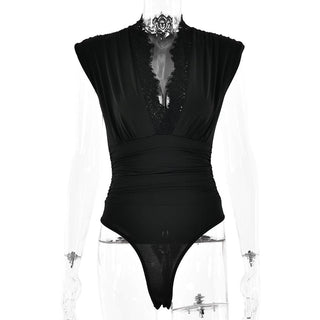 V neck lace hem ruched solid bodysuit