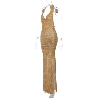 Halter cowl neck print high slit ruched maxi dress