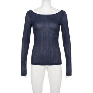 Self tie backless round neck long sleeve textured top