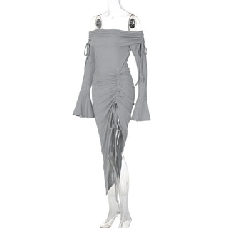 Off shoulder long flared sleeve drawstring ruched midi dress