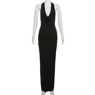 Halter v neck flower applique backless ruched maxi dress