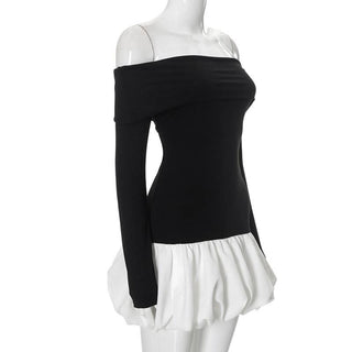 Ruched long sleeve off shoulder contrast mini dress