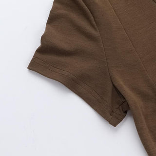 Short sleeve v neck button solid top