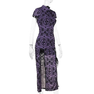 Short sleeve high neck print high slit button midi dress-final-sale