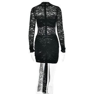 Crewneck long sleeve lace o ring ruched mini dress