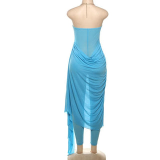 Metal chain halter ruched sheer mesh hollow out cut out maxi dress