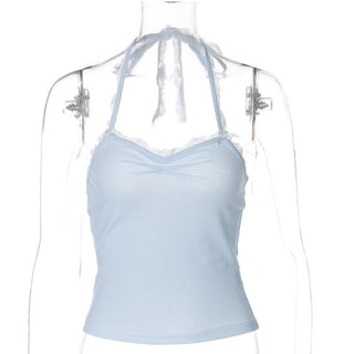 Halter bowknot lace hem ruched knotted top