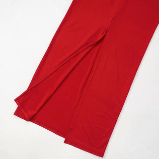 Long flared sleeve off shoulder ruched slit maxi dress