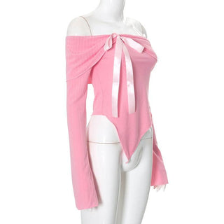 Irregular off shoulder bowknot ribbon long sleeve top