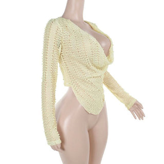 Cowl neck long sleeve irregular hollow out cut out top