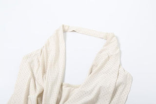 Halter cowl neck beaded low cut mini dress