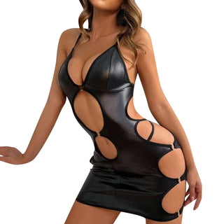 PU leather v neck o ring hollow out cut out mini dress