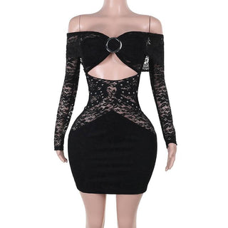 Off shoulder long sleeve o ring lace hollow out cut out mini dress