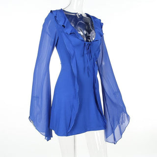 Ruffle long flared sleeve self tie chiffon solid mini dress