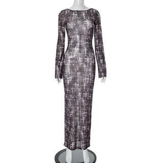 Long sleeve cross print sheer mesh backless maxi dress