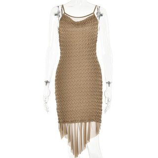 Textured mesh solid ruched irregular cami midi dress - Final Sale