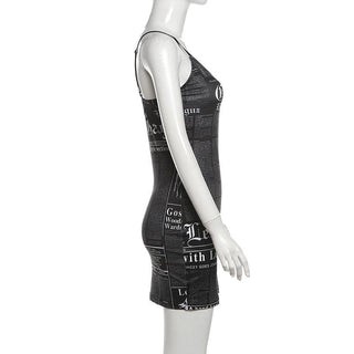 V neck letter print backless cami mini dress