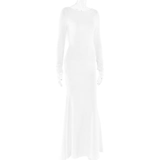 Long sleeve round neck ruched backless maxi dress