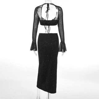 Self tie long sleeve textured backless slit low cut midi skirt set-final-sale