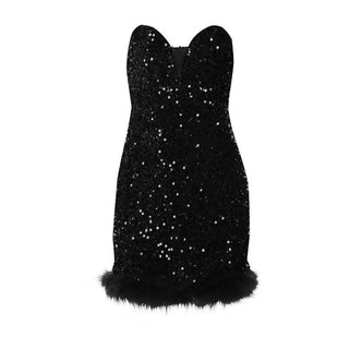 Glitter feather sweetheart neck tube mini dress