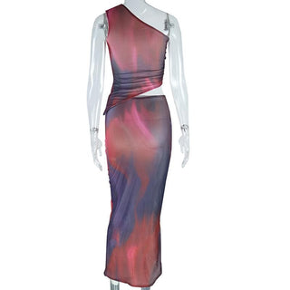 One shoulder sheer mesh print irregular ruffle maxi dress
