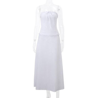 Ruffle bowknot smocked zip-up backless solid tube midi skirt set