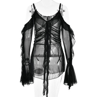 Long flared sleeve Off shoulder sheer mesh ruffle mini dress