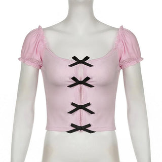 Short puff sleeve hollow out bowknot cut out top