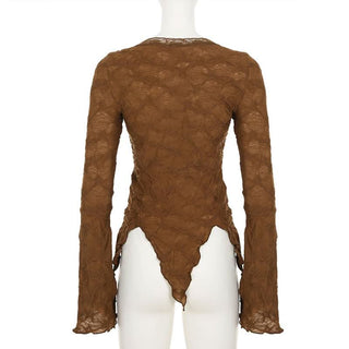 Long flared sleeve textured lace hem ruffle top