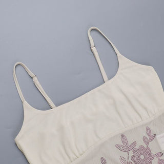 U neck beaded flower pattern mesh cami mini skirt set