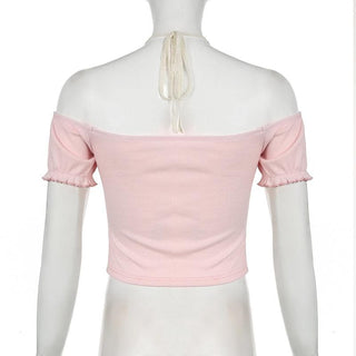 Short puff sleeve off shoulder halter ribbed top