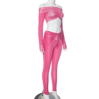 Long sleeve off shoulder see through lace pant set