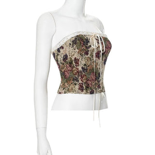Lace hem bowknot ribbon textured lace up tube top