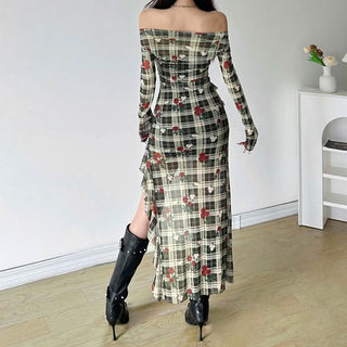 Long sleeve off shoulder flower print ruffle midi dress